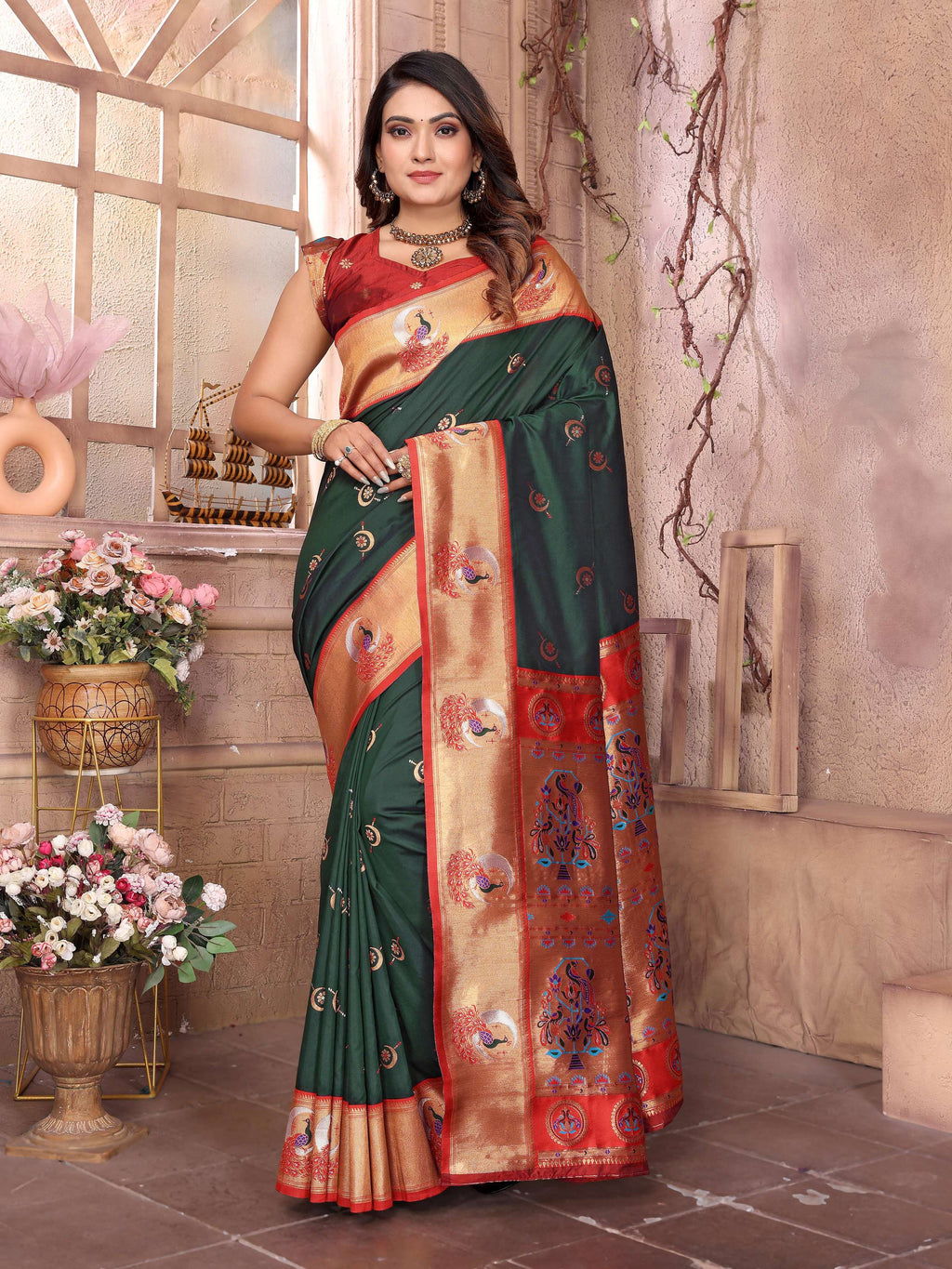 Sonakshi Women's Bottle Green Paithani Silk Zari Woven Traditional Saree with Blouse | Grocsy
