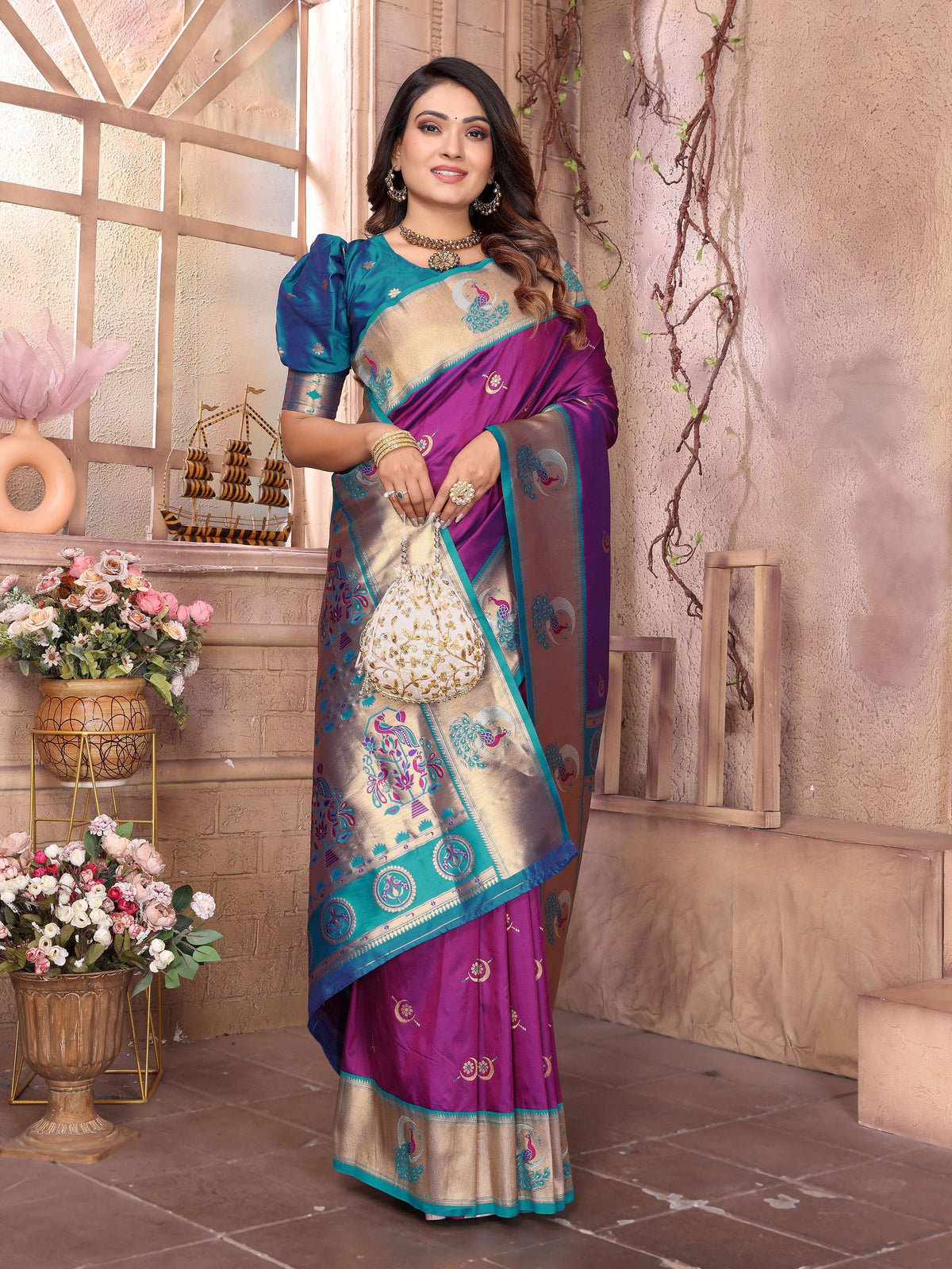Sonakshi Women's Jamli Paithani Silk Zari Woven Traditional Saree with Blouse | Grocsy