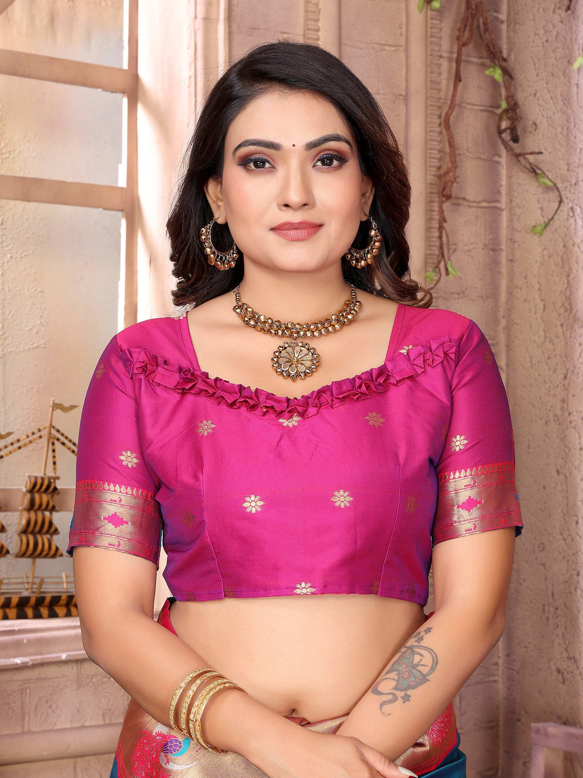 Sonakshi Women's Feroji Paithani Silk Zari Woven Traditional Saree with Blouse | Grocsy