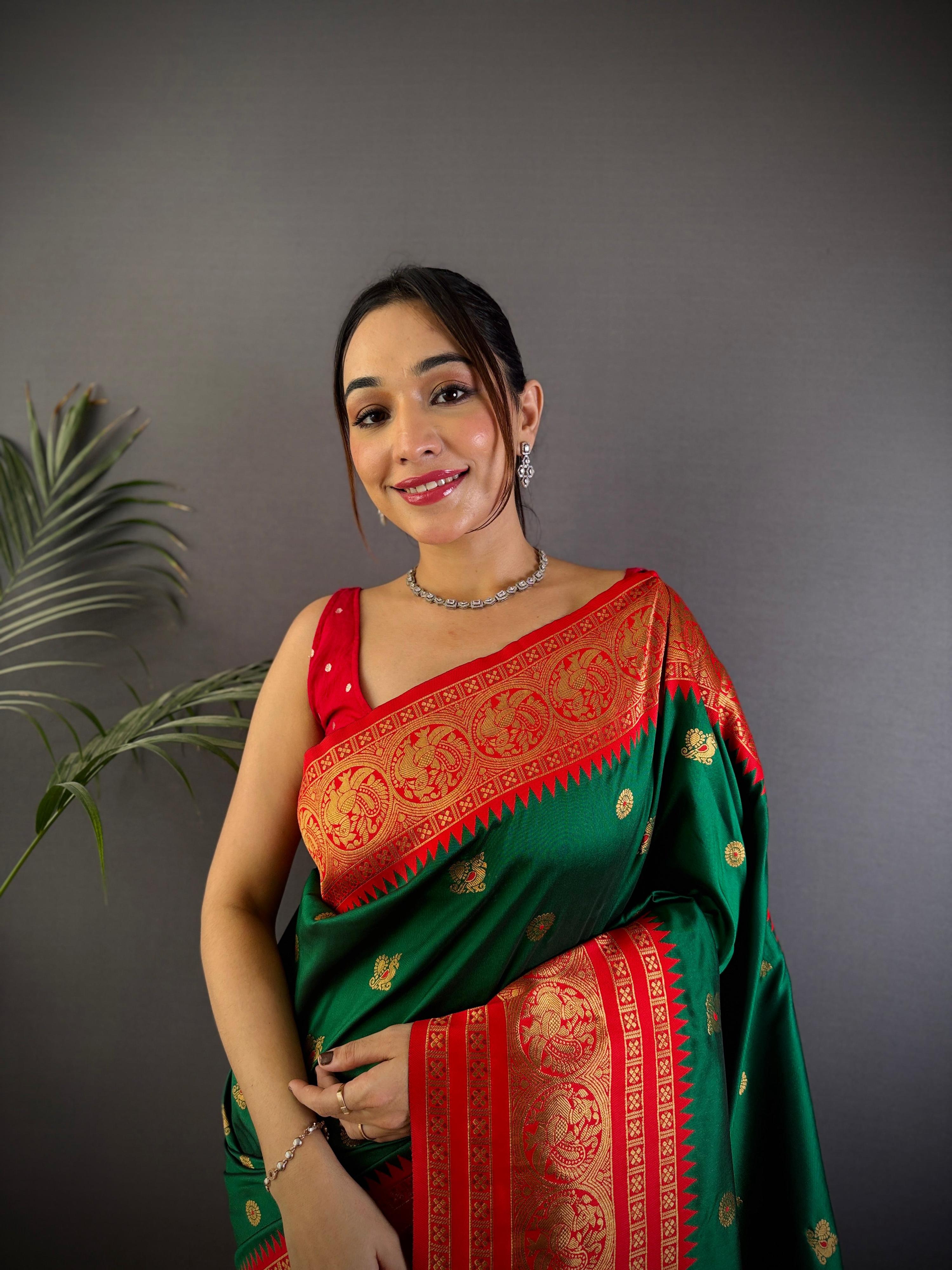 Sonakshi Women's Green Soft Silk Zari Woven Traditional Saree with Blouse | Grocsy