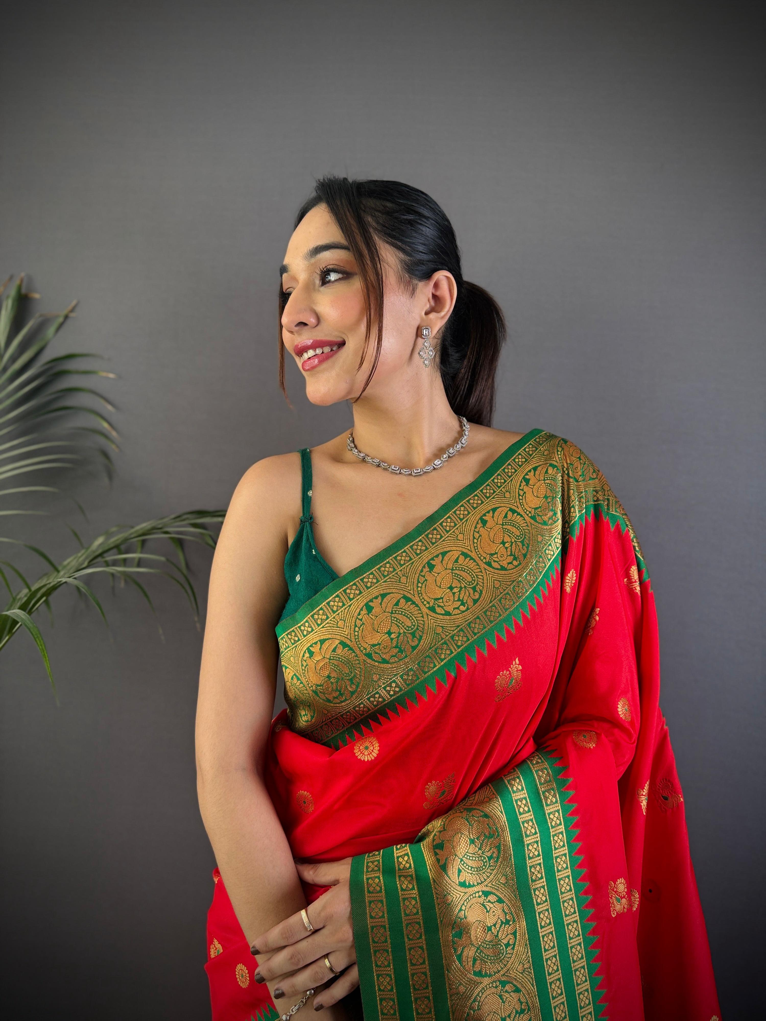 Sonakshi Women's Red Soft Silk Zari Woven Traditional Saree with Blouse | Grocsy