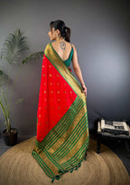 Sonakshi Women's Red Soft Silk Zari Woven Traditional Saree with Blouse | Grocsy