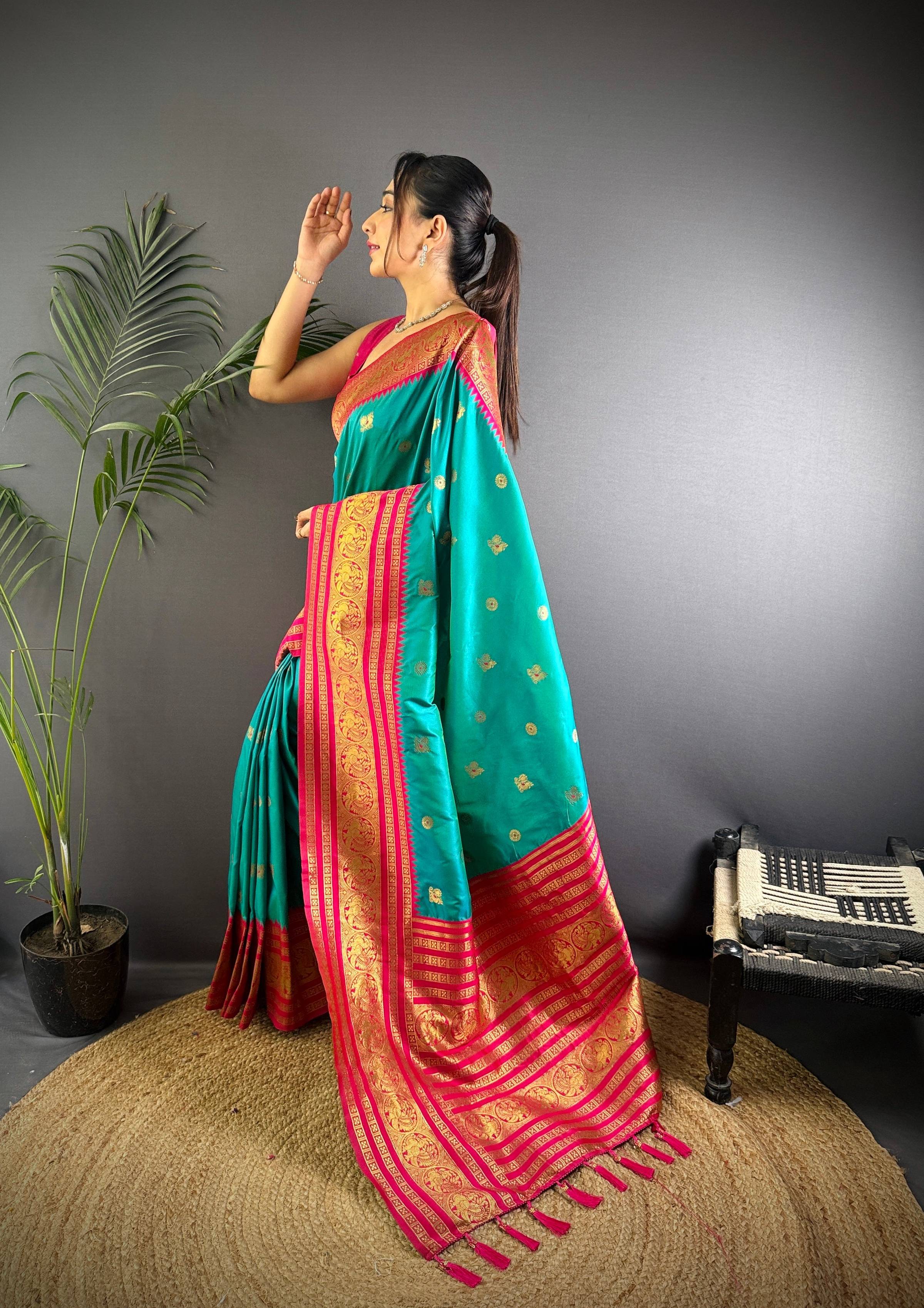 Sonakshi Women's Teal Soft Silk Zari Woven Traditional Saree with Blouse | Grocsy