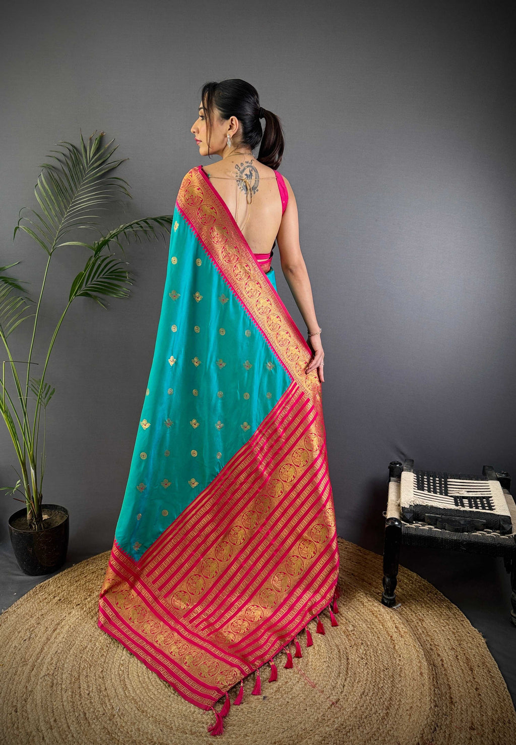 Sonakshi Women's Teal Soft Silk Zari Woven Traditional Saree with Blouse | Grocsy