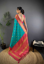 Sonakshi Women's Teal Soft Silk Zari Woven Traditional Saree with Blouse | Grocsy