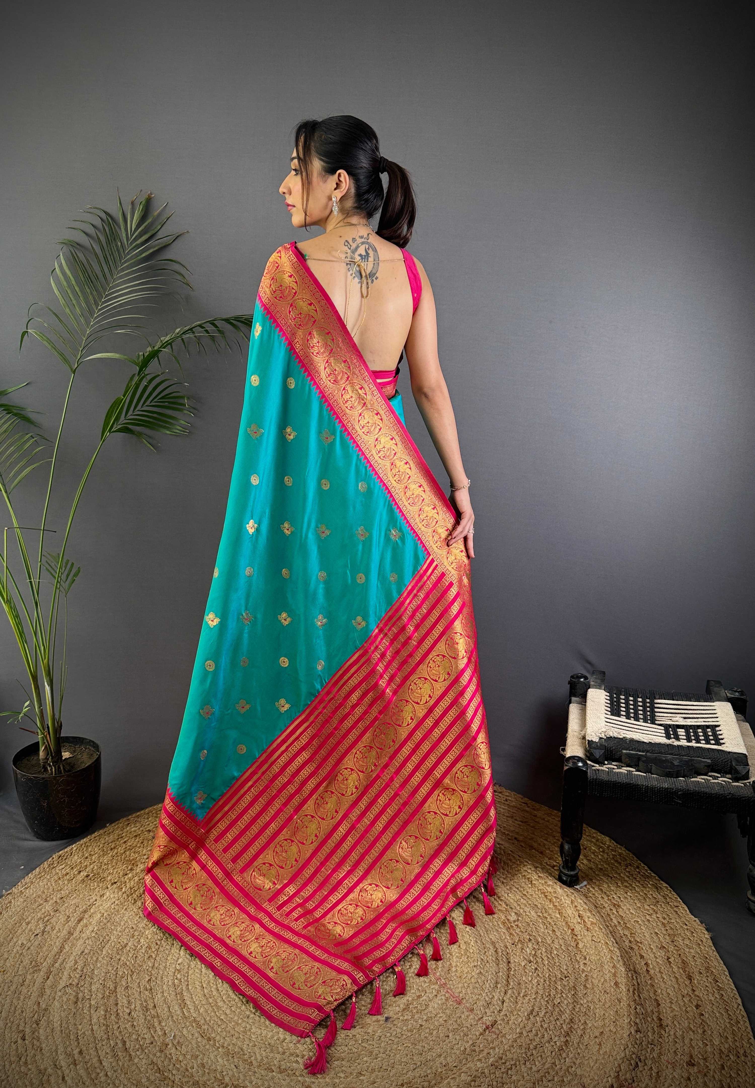 Sonakshi Women's Teal Soft Silk Zari Woven Traditional Saree with Blouse | Grocsy