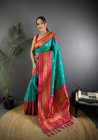Sonakshi Women's Teal Soft Silk Zari Woven Traditional Saree with Blouse | Grocsy