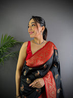 Sonakshi Women's Black Banarasi Silk Zari Woven Traditional Saree with Blouse | Grocsy