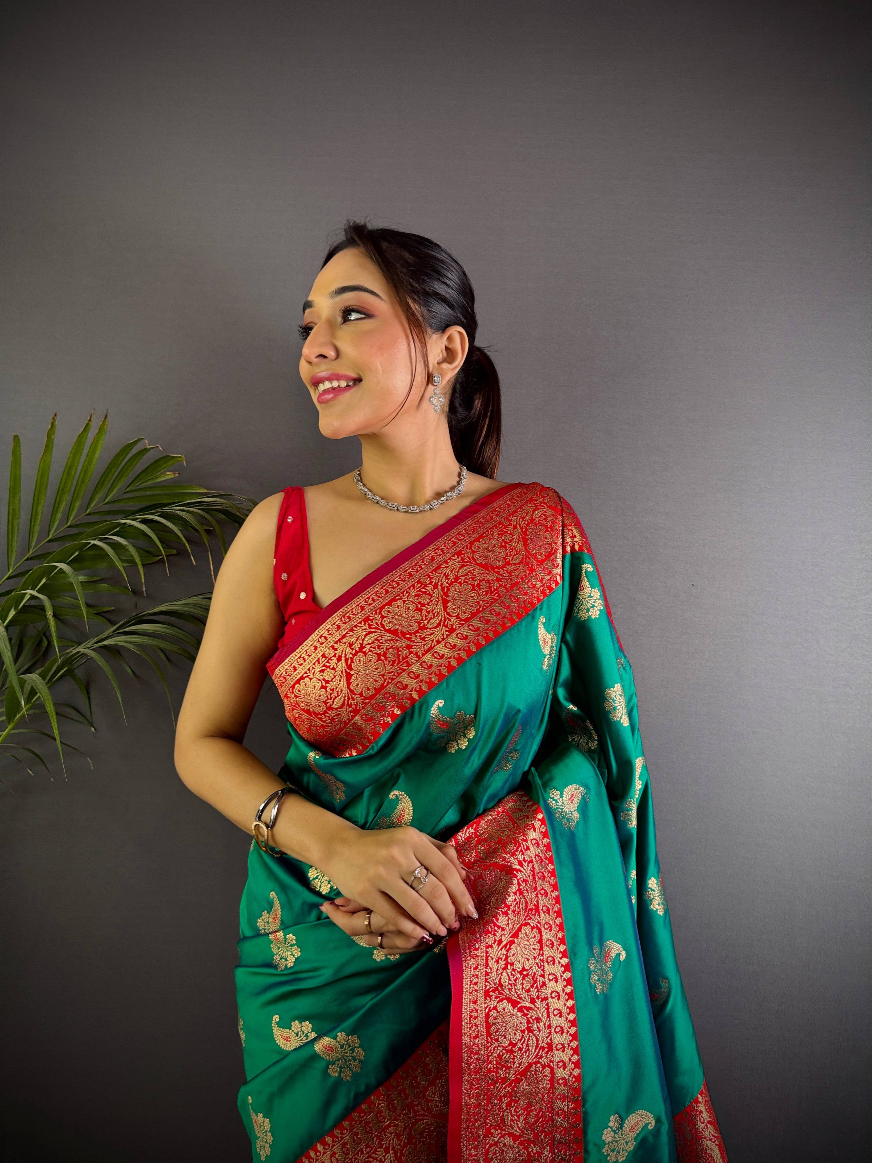 Sonakshi Women's Teal Banarasi Silk Zari Woven Traditional Saree with Blouse | Grocsy