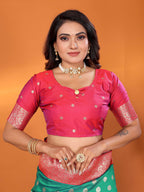 Sonakshi Women's Teal Banarasi Silk Zari Woven Traditional Saree with Blouse | Grocsy