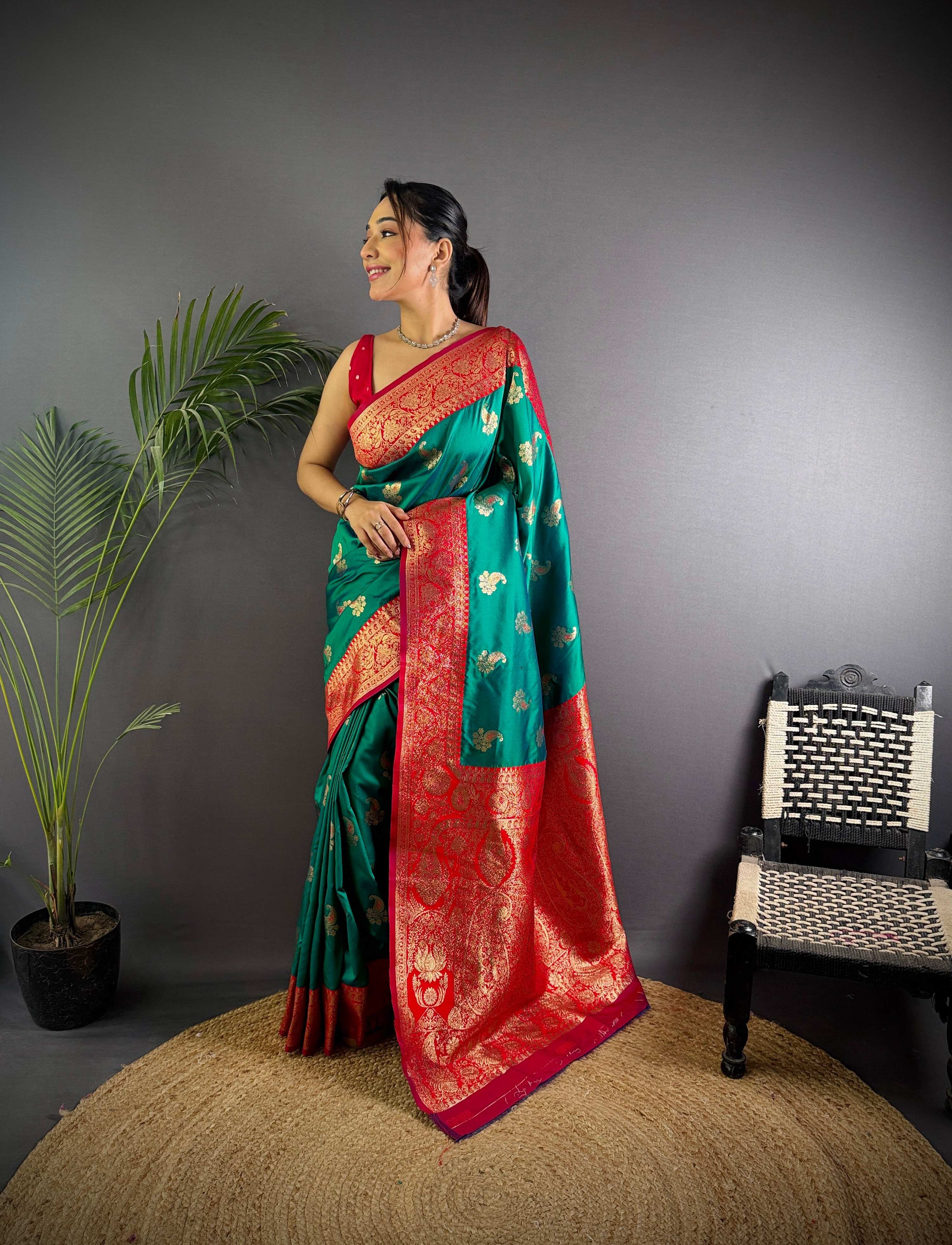 Sonakshi Women's Teal Banarasi Silk Zari Woven Traditional Saree with Blouse | Grocsy