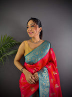 Sonakshi Women's Red Banarasi Silk Zari Woven Traditional Saree with Blouse | Grocsy