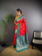 Sonakshi Women's Red Banarasi Silk Zari Woven Traditional Saree with Blouse | Grocsy