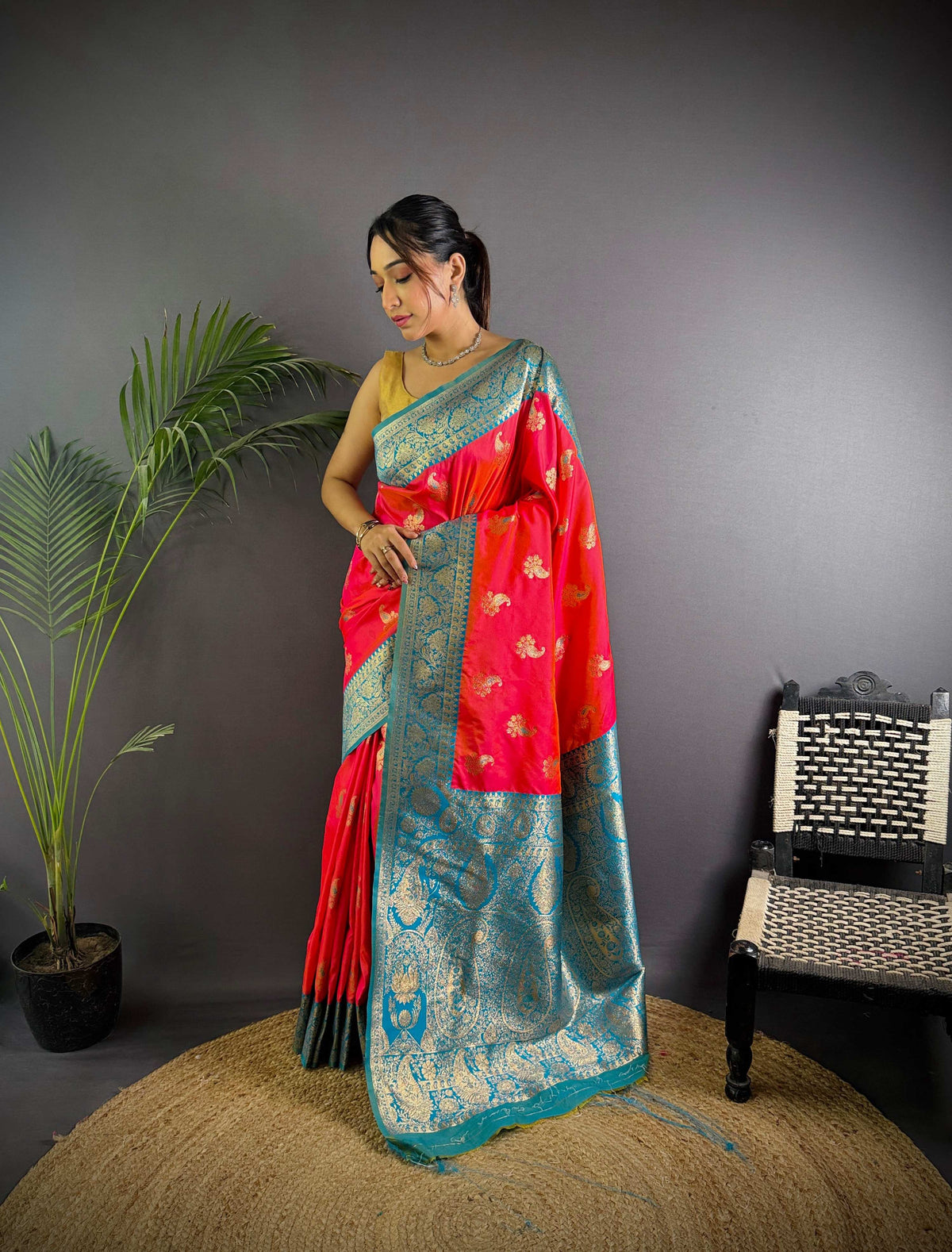 Sonakshi Women's Red Banarasi Silk Zari Woven Traditional Saree with Blouse | Grocsy
