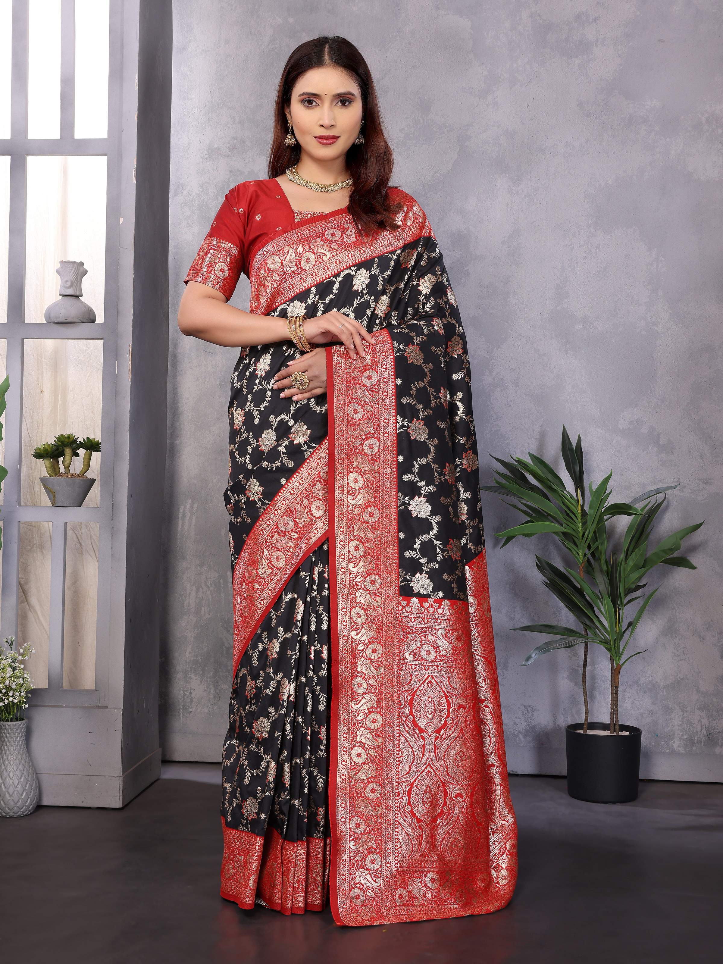 Sonakshi Women's Black Banarasi Silk Zari Woven Traditional Saree with Blouse | Grocsy