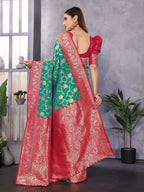 Sonakshi Women's Teal Banarasi Silk Zari Woven Traditional Saree with Blouse | Grocsy