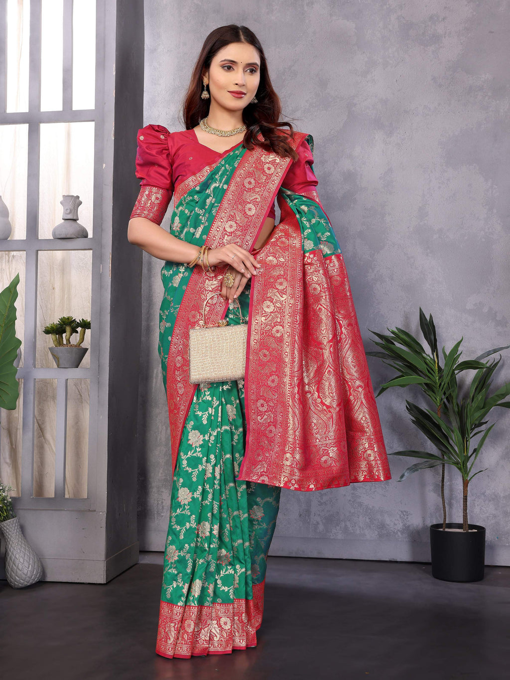 Sonakshi Women's Teal Banarasi Silk Zari Woven Traditional Saree with Blouse | Grocsy