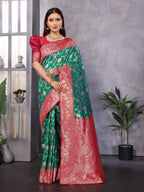 Sonakshi Women's Teal Banarasi Silk Zari Woven Traditional Saree with Blouse | Grocsy