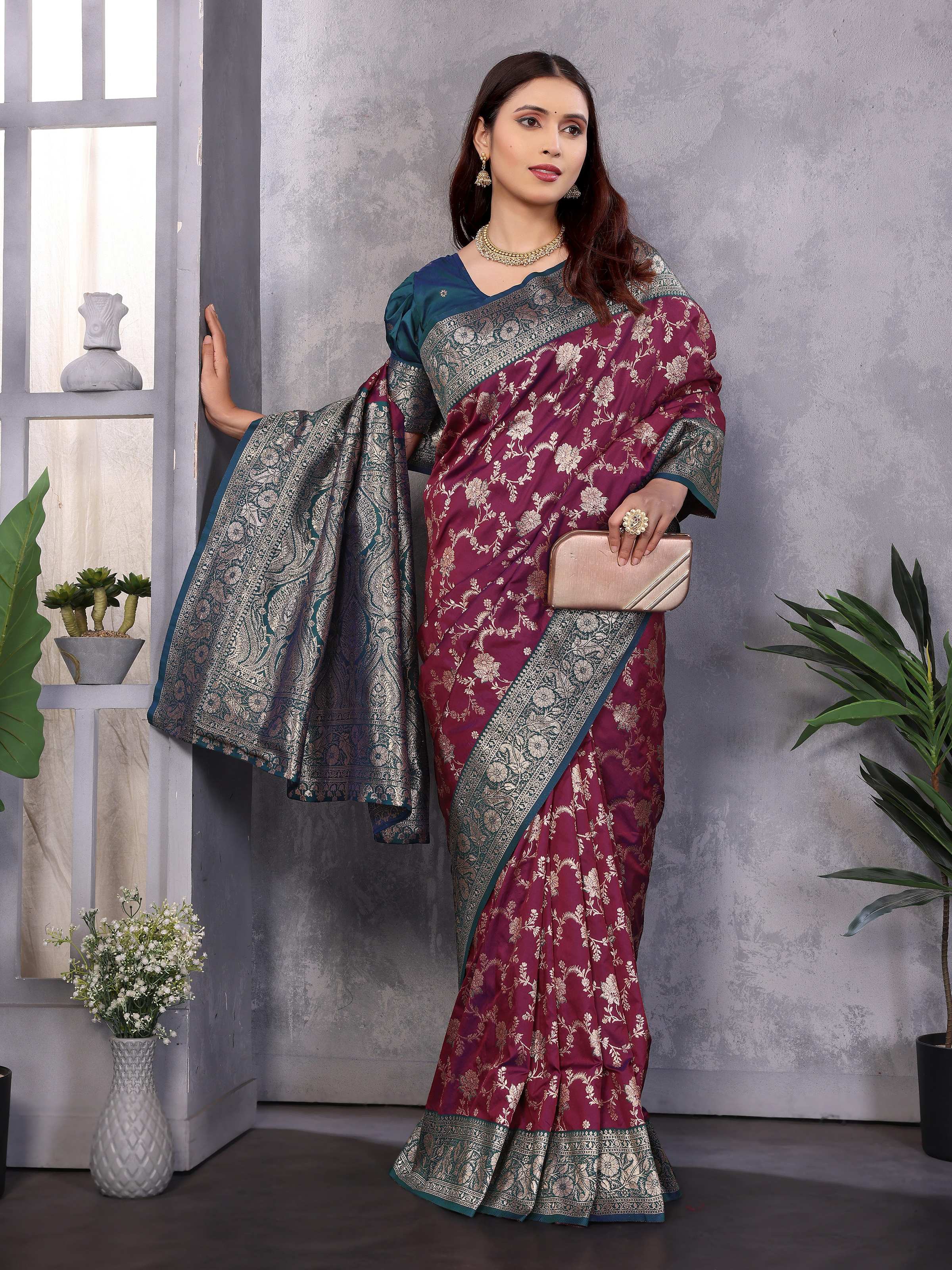 Sonakshi Women's Wine Banarasi Silk Zari Woven Traditional Saree with Blouse | Grocsy