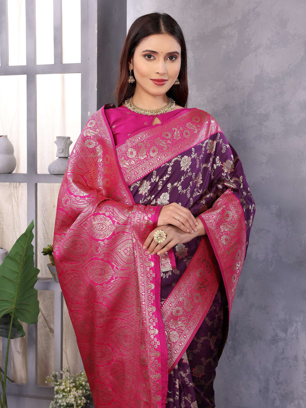 Sonakshi Women's Purple Banarasi Silk Zari Woven Traditional Saree with Blouse | Grocsy