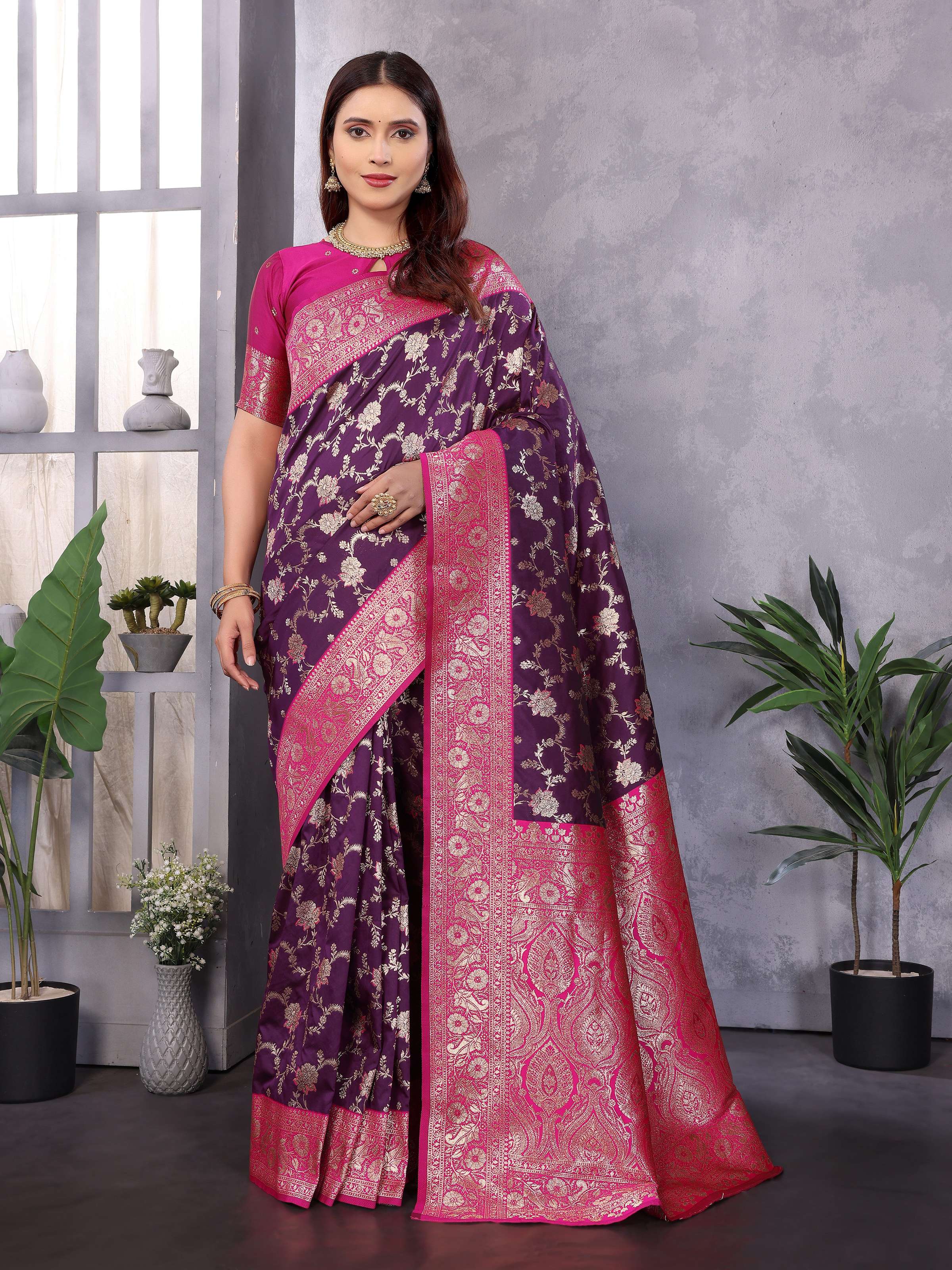 Sonakshi Women's Purple Banarasi Silk Zari Woven Traditional Saree with Blouse | Grocsy