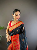 Sonakshi Women's Black Banarasi Silk Zari Woven Traditional Saree with Blouse | Grocsy
