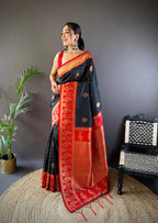 Sonakshi Women's Black Banarasi Silk Zari Woven Traditional Saree with Blouse | Grocsy