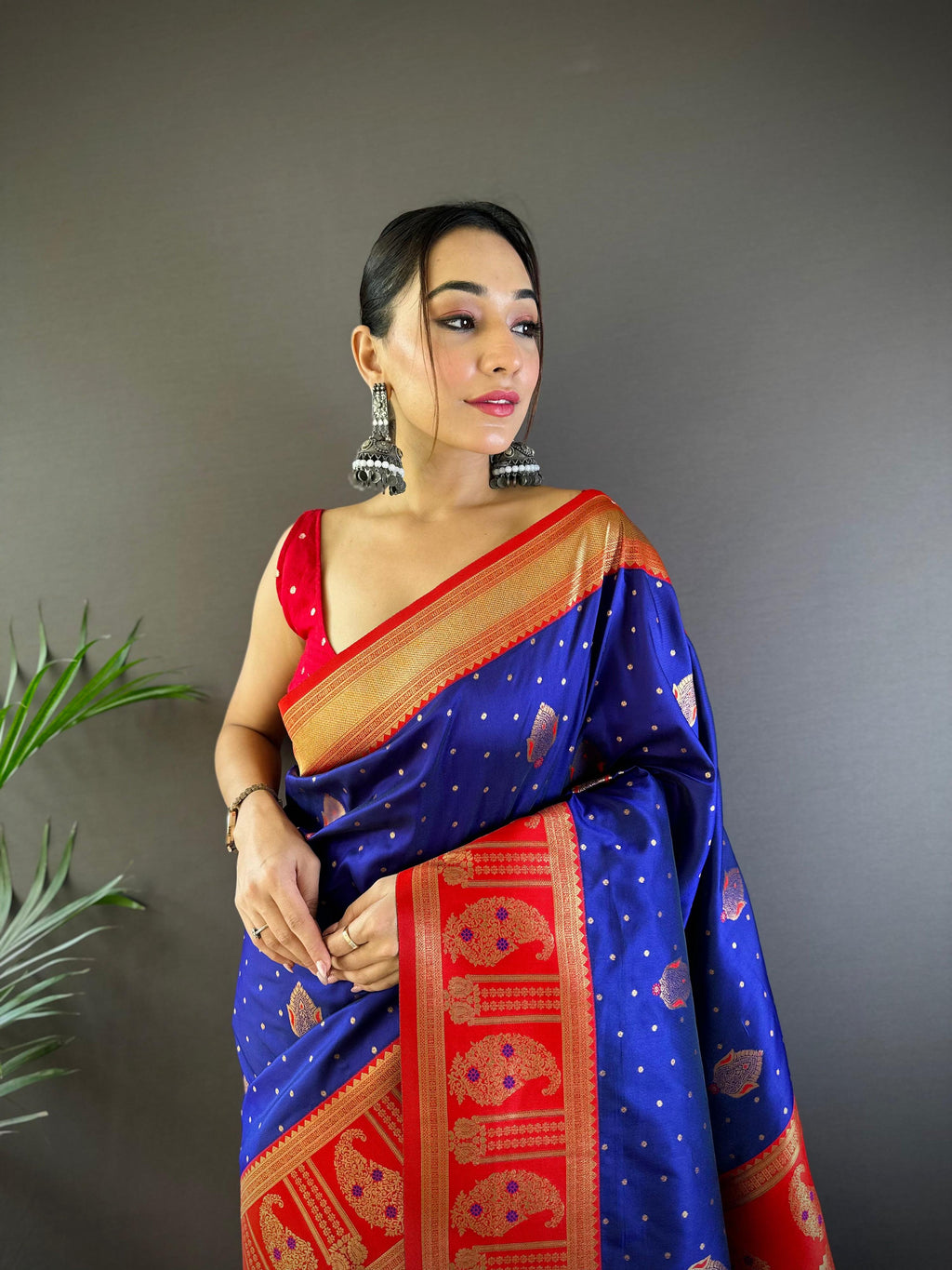 Sonakshi Women's Navy Blue Banarasi Silk Zari Woven Traditional Saree with Blouse | Grocsy