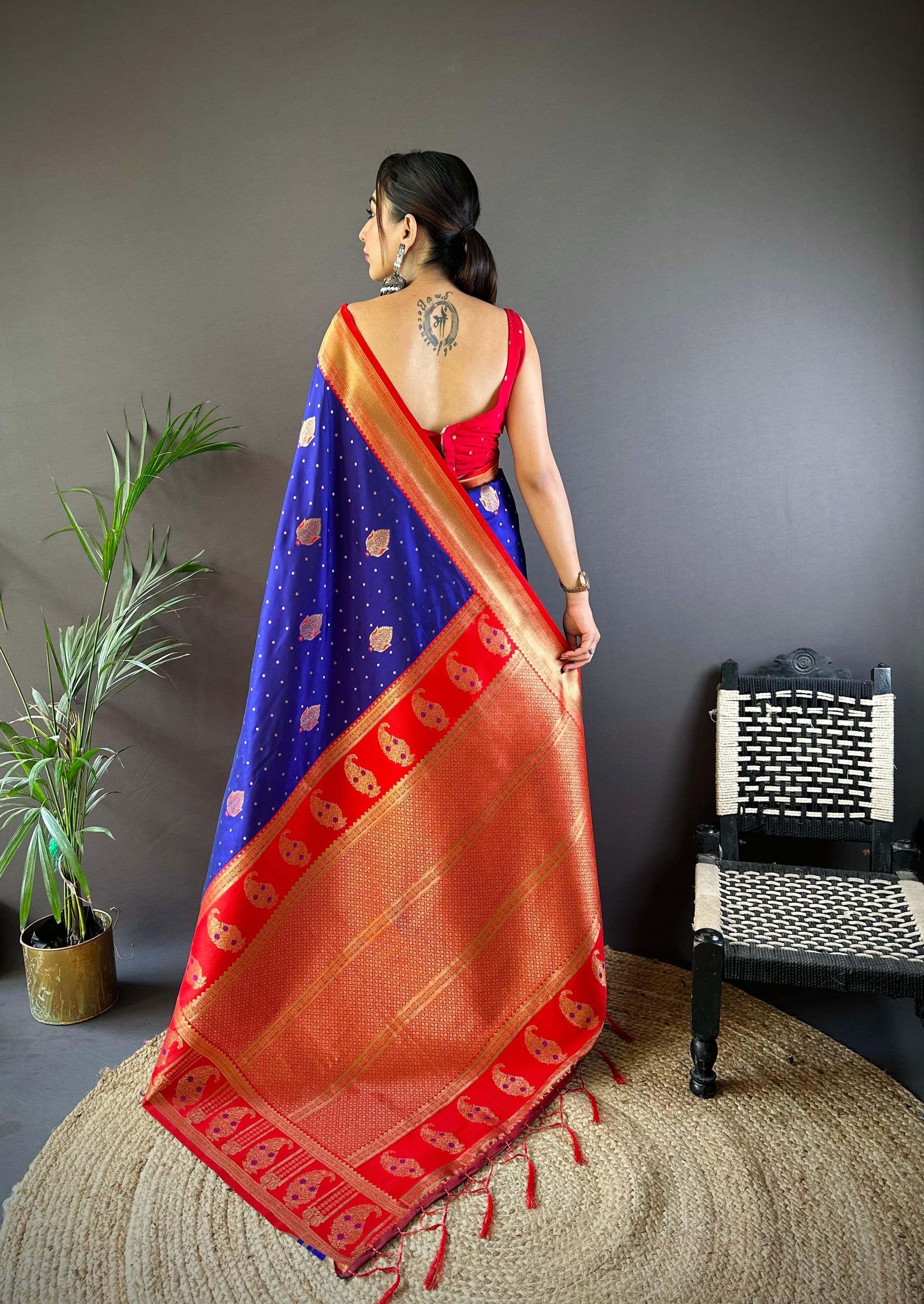 Sonakshi Women's Navy Blue Banarasi Silk Zari Woven Traditional Saree with Blouse | Grocsy