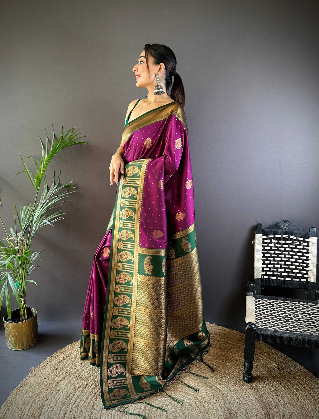 Sonakshi Women's Wine Banarasi Silk Zari Woven Traditional Saree with Blouse | Grocsy