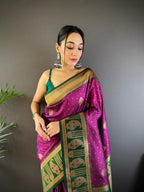 Sonakshi Women's Wine Banarasi Silk Zari Woven Traditional Saree with Blouse | Grocsy