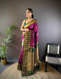 Sonakshi Women's Wine Banarasi Silk Zari Woven Traditional Saree with Blouse | Grocsy