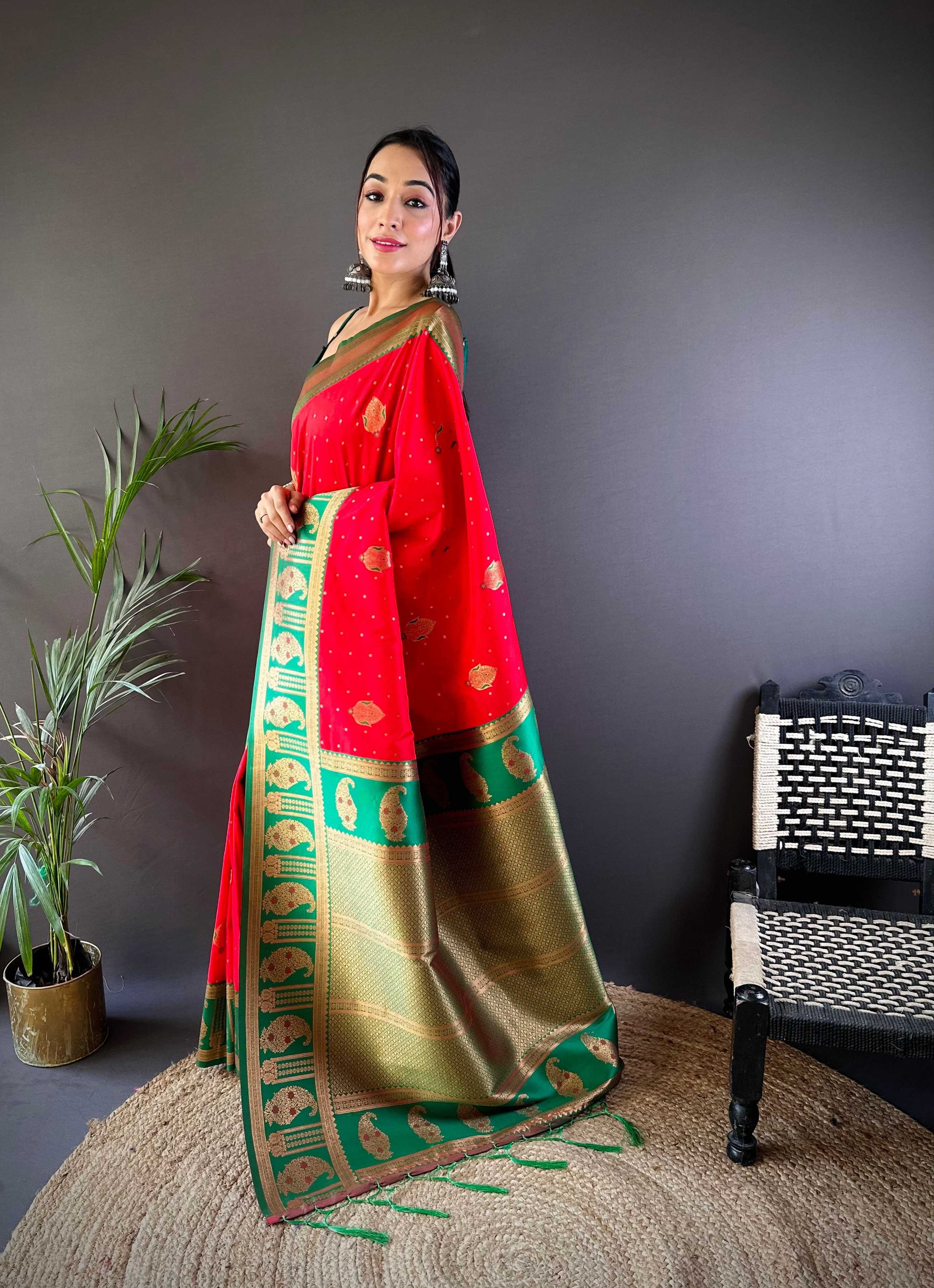 Sonakshi Women's Red Banarasi Silk Zari Woven Traditional Saree with Blouse | Grocsy