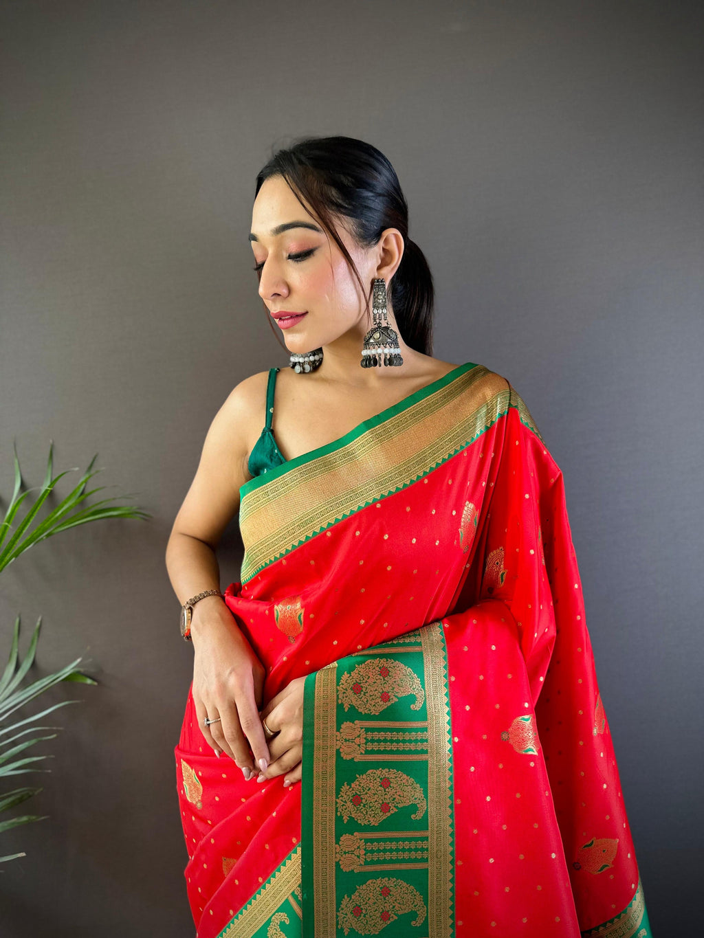 Sonakshi Women's Red Banarasi Silk Zari Woven Traditional Saree with Blouse | Grocsy