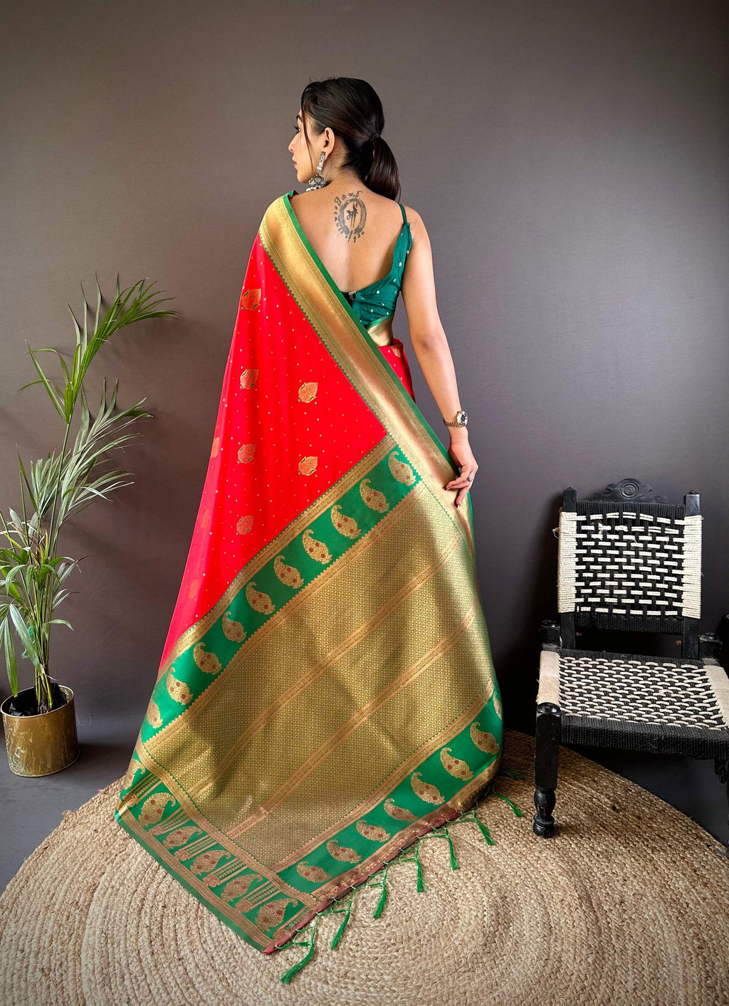 Sonakshi Women's Red Banarasi Silk Zari Woven Traditional Saree with Blouse | Grocsy