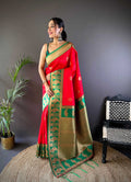 Sonakshi Women's Red Banarasi Silk Zari Woven Traditional Saree with Blouse | Grocsy
