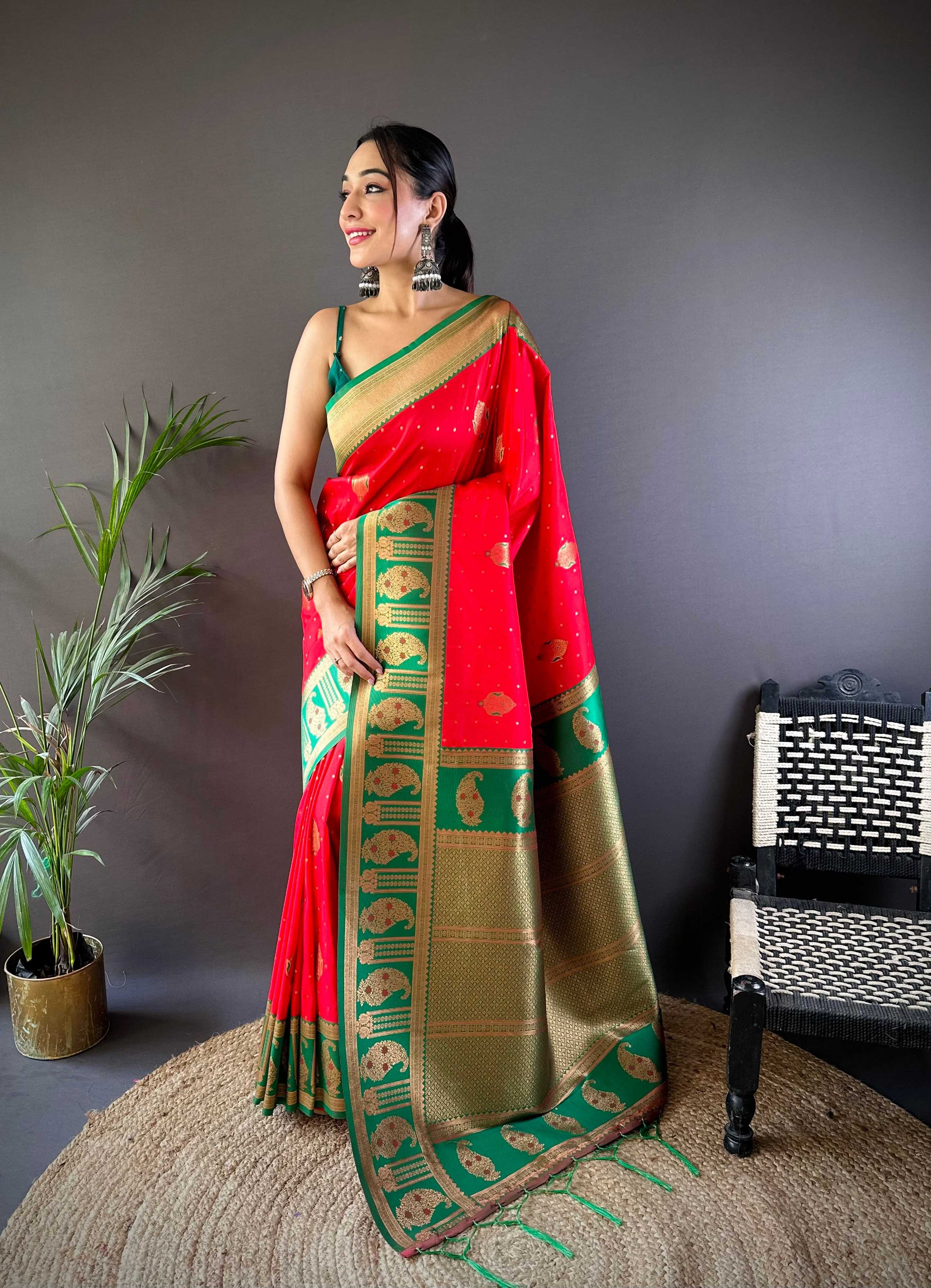 Sonakshi Women's Red Banarasi Silk Zari Woven Traditional Saree with Blouse | Grocsy