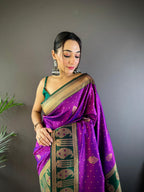 Sonakshi Women's Purple Banarasi Silk Zari Woven Traditional Saree with Blouse | Grocsy