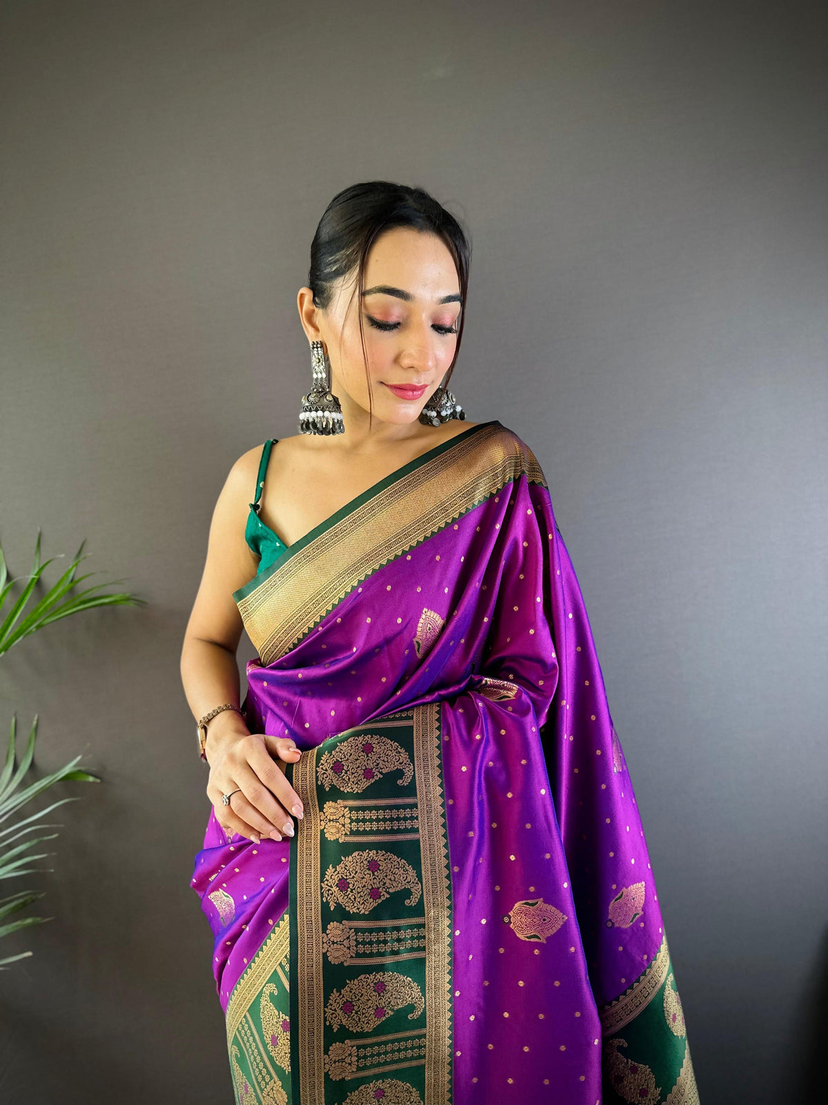 Sonakshi Women's Purple Banarasi Silk Zari Woven Traditional Saree with Blouse | Grocsy