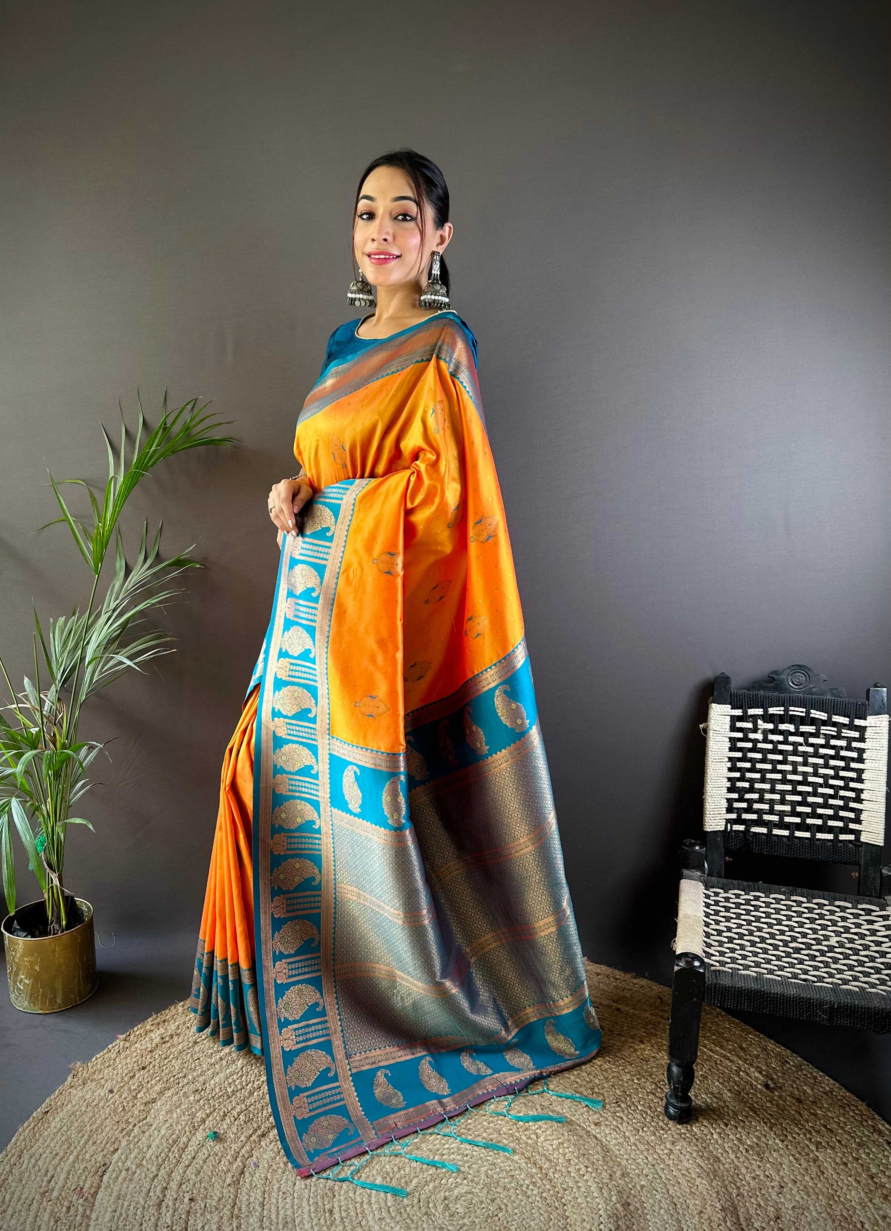 Sonakshi Women's Yellow Banarasi Silk Zari Woven Traditional Saree with Blouse | Grocsy