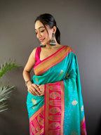 Sonakshi Women's Seagreen Banarasi Silk Zari Woven Traditional Saree with Blouse | Grocsy
