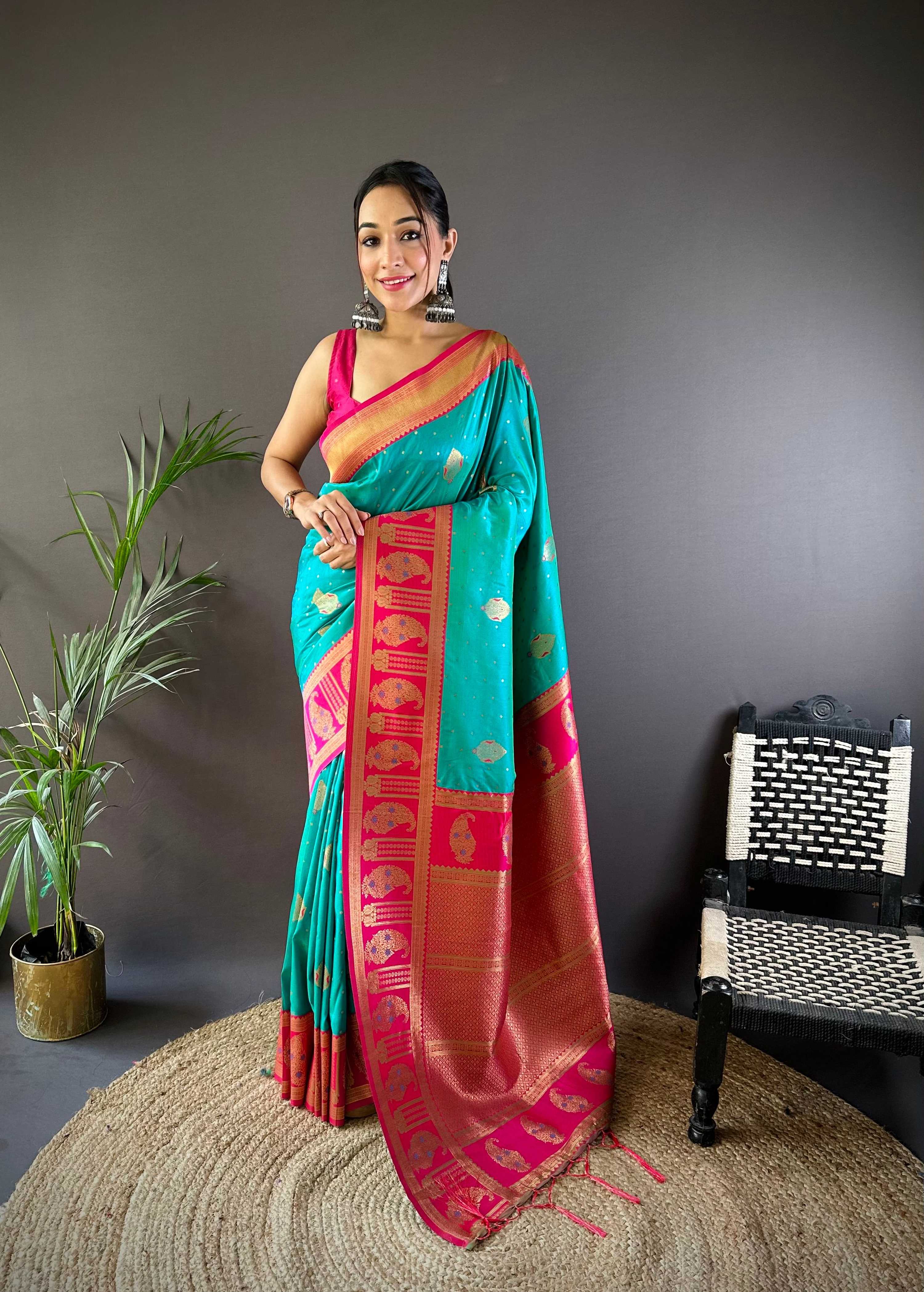 Sonakshi Women's Seagreen Banarasi Silk Zari Woven Traditional Saree with Blouse | Grocsy