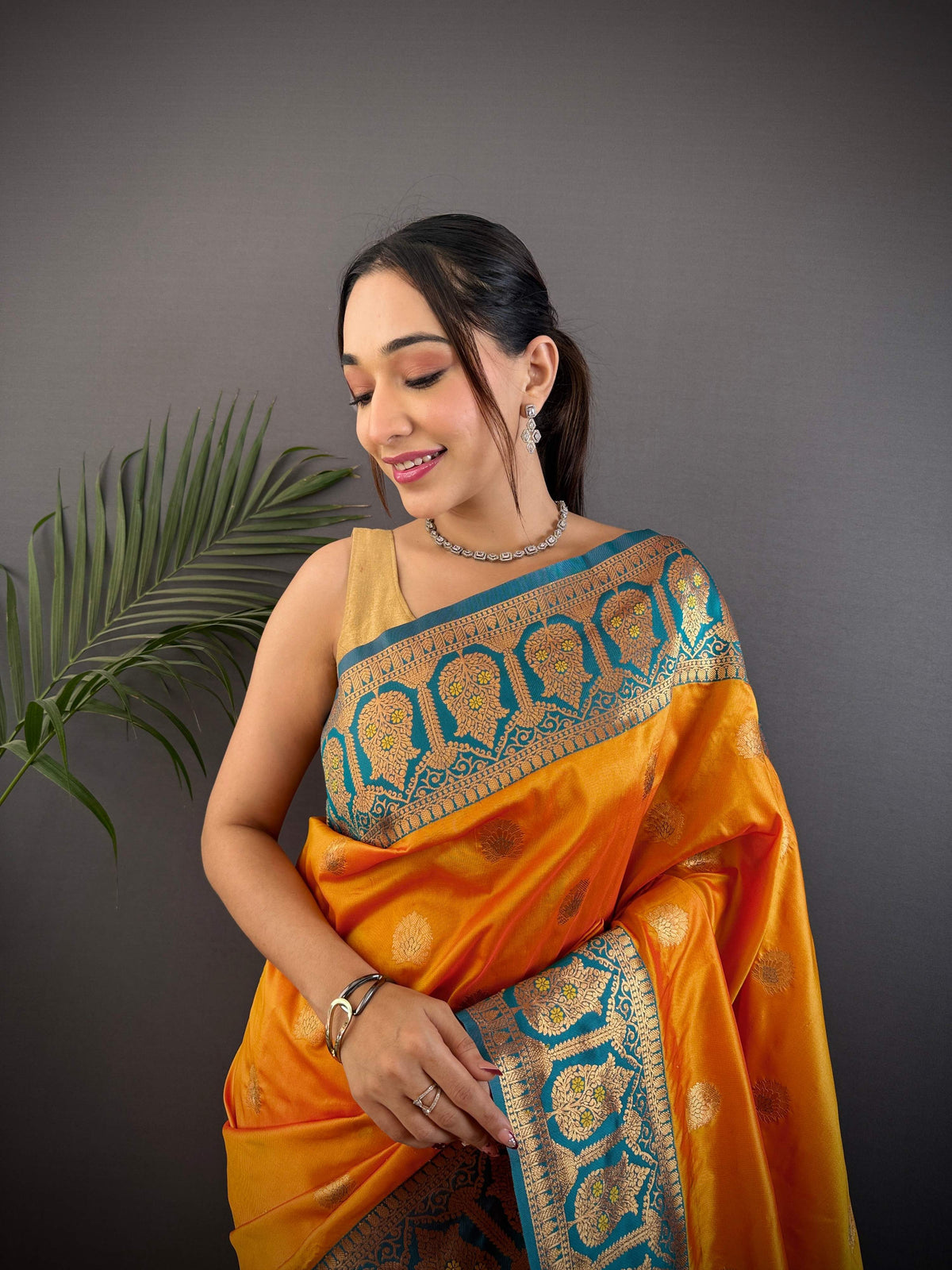 Sonakshi Women's Morepeech Banarasi Silk Zari Woven Traditional Saree with Blouse | Grocsy