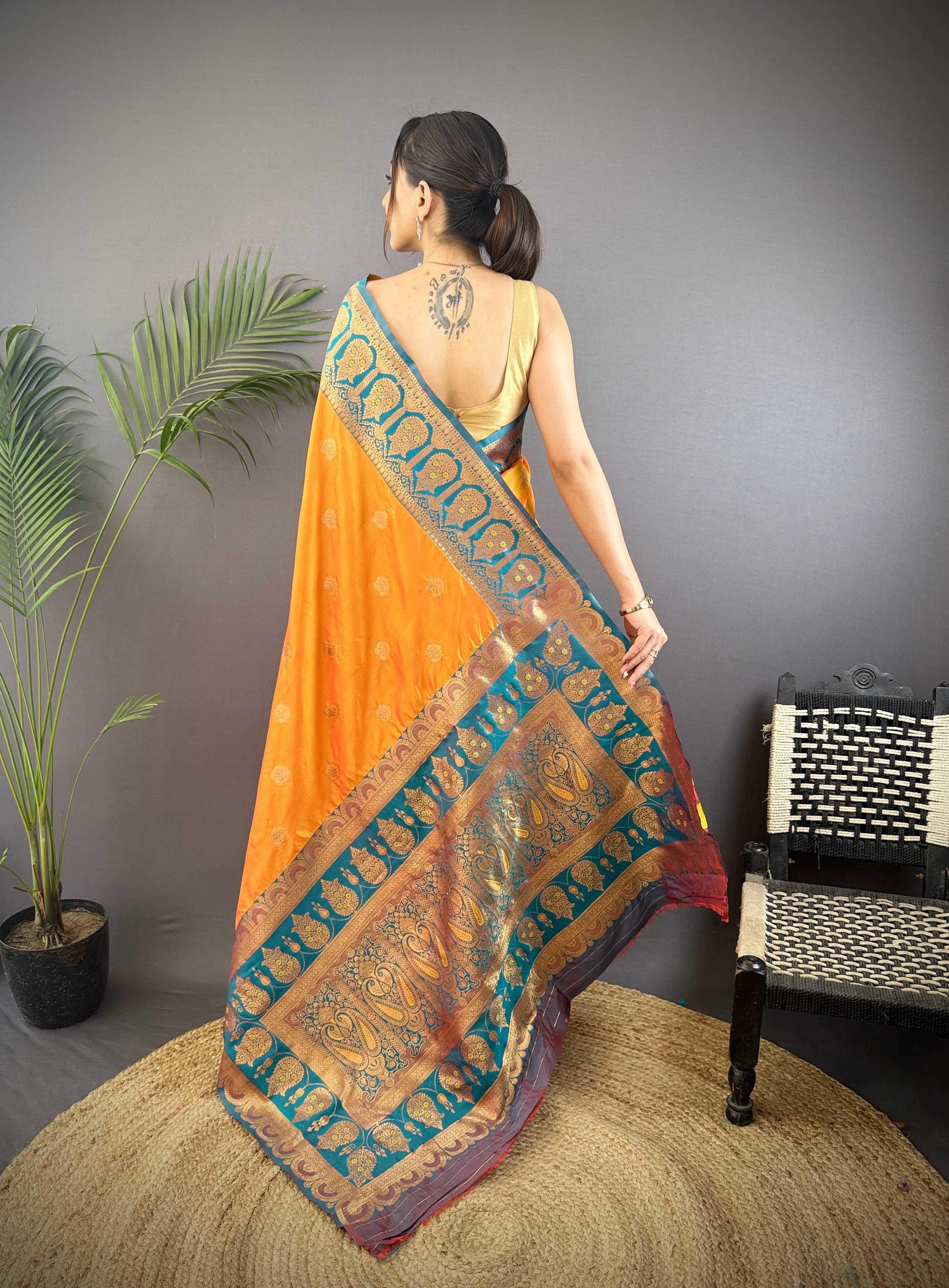 Sonakshi Women's Morepeech Banarasi Silk Zari Woven Traditional Saree with Blouse | Grocsy