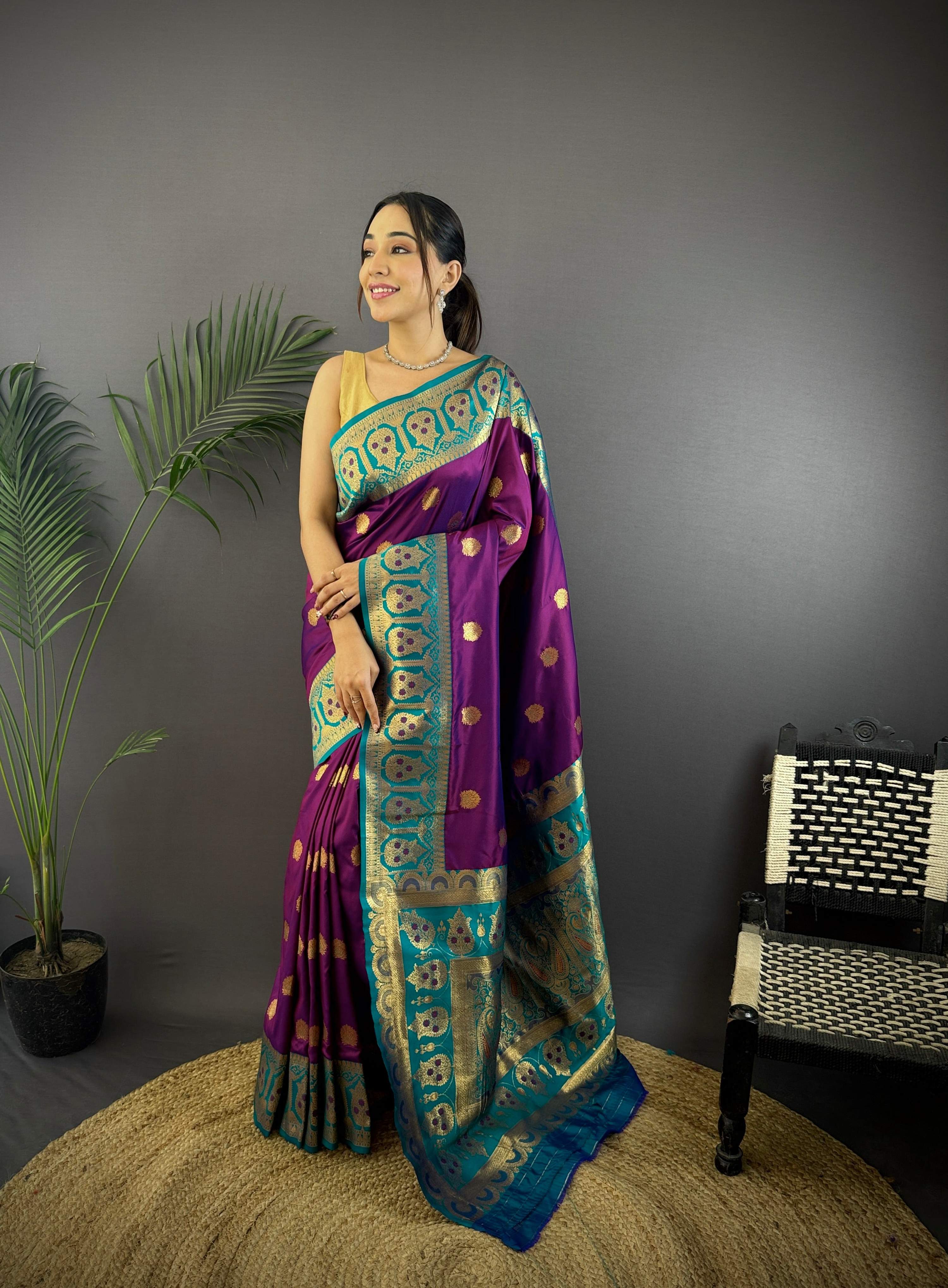 Sonakshi Women's Purple Banarasi Silk Zari Woven Traditional Saree with Blouse | Grocsy