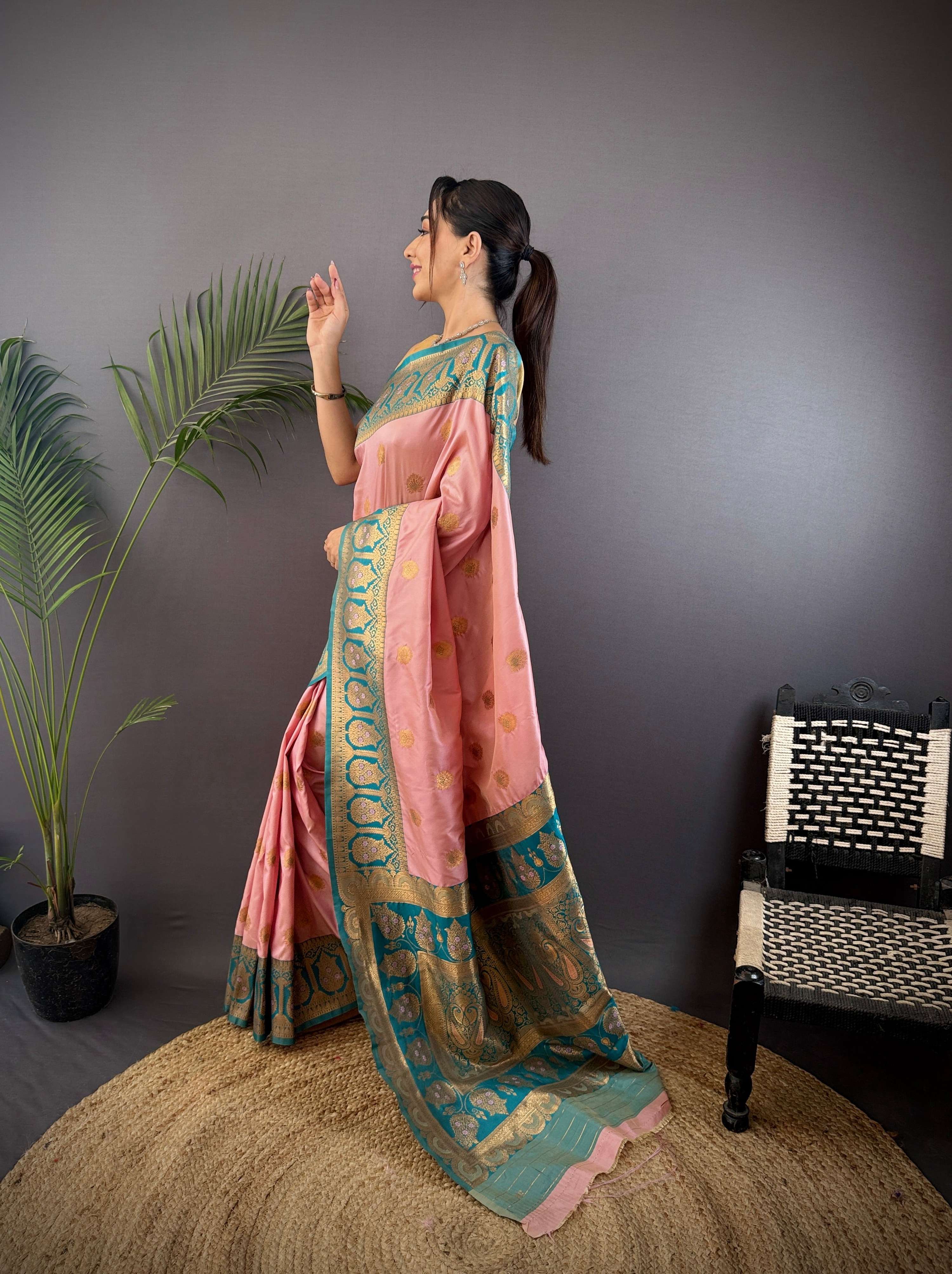 Sonakshi Women's Light Peach Banarasi Silk Zari Woven Traditional Saree with Blouse | Grocsy