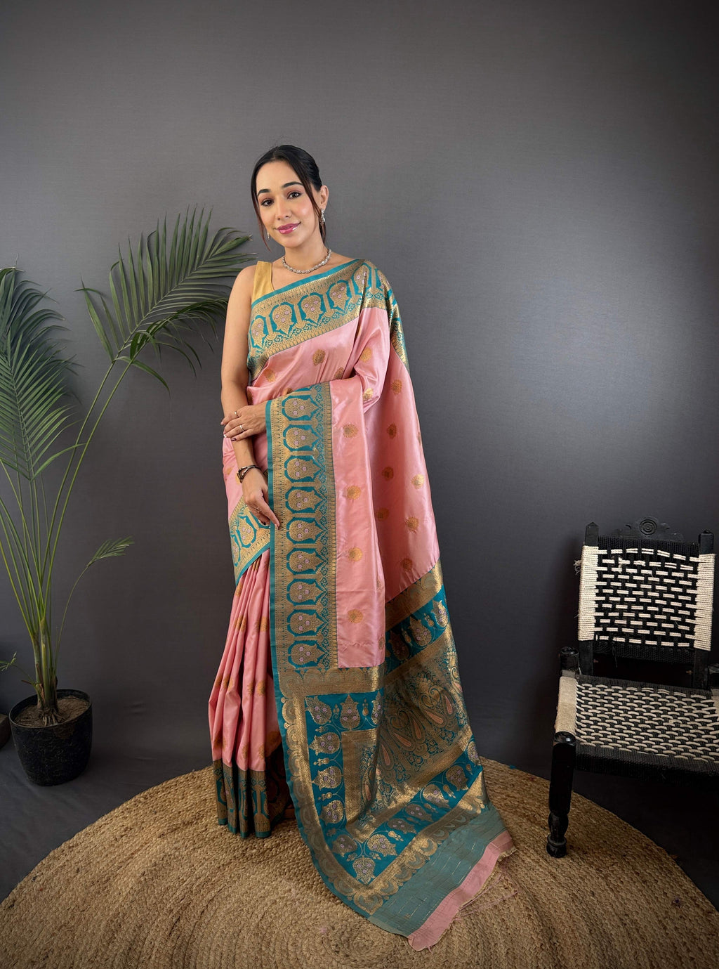 Sonakshi Women's Light Peach Banarasi Silk Zari Woven Traditional Saree with Blouse | Grocsy