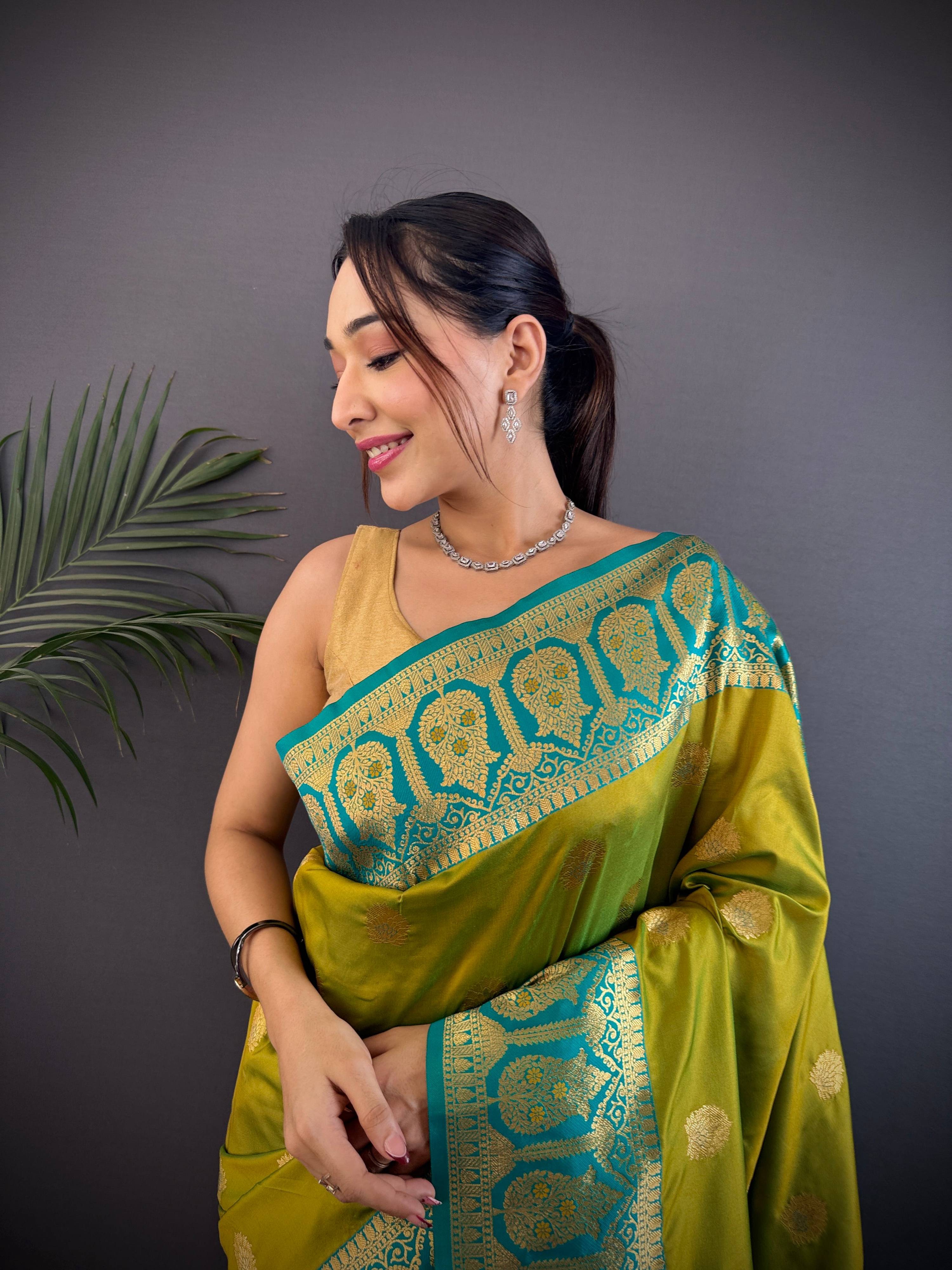 Sonakshi Women's Mehendi Banarasi Silk Zari Woven Traditional Saree with Blouse | Grocsy