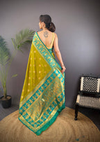 Sonakshi Women's Mehendi Banarasi Silk Zari Woven Traditional Saree with Blouse | Grocsy
