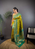 Sonakshi Women's Mehendi Banarasi Silk Zari Woven Traditional Saree with Blouse | Grocsy